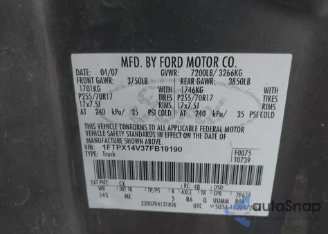 2007 Ford F-150 Fx4/Lariat/Xl/Xlt из США, поврежденный, VIN 1FTPX14V37FB19190